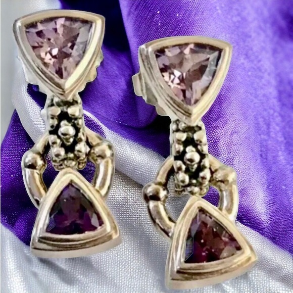 Sterling Silver & Amethyst Vintage Earrings Post Drop Dangle Triangle Shape - Picture 3 of 11